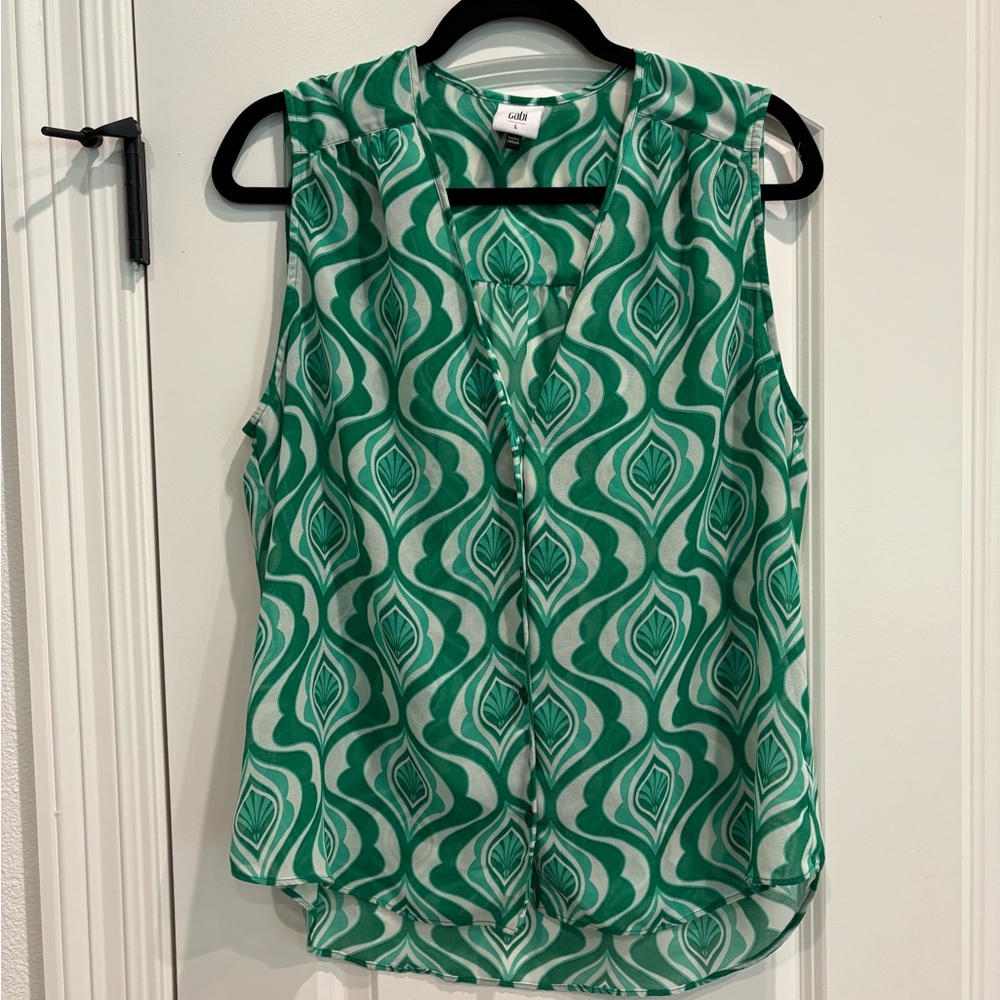 CAbi Green and White Patterned Blouse